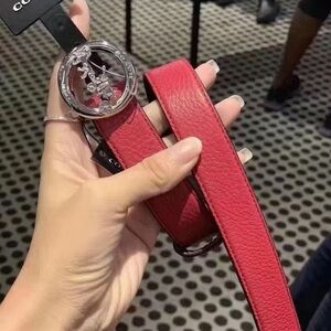 Coach Red and Brown Leather Belt with Silver Coach Logo Buckle